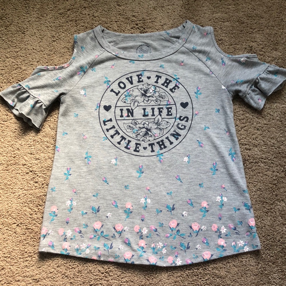 SO‎ Top Girls Size 12 Gray Floral Cold Shoulder Short Sleeves Ruffles